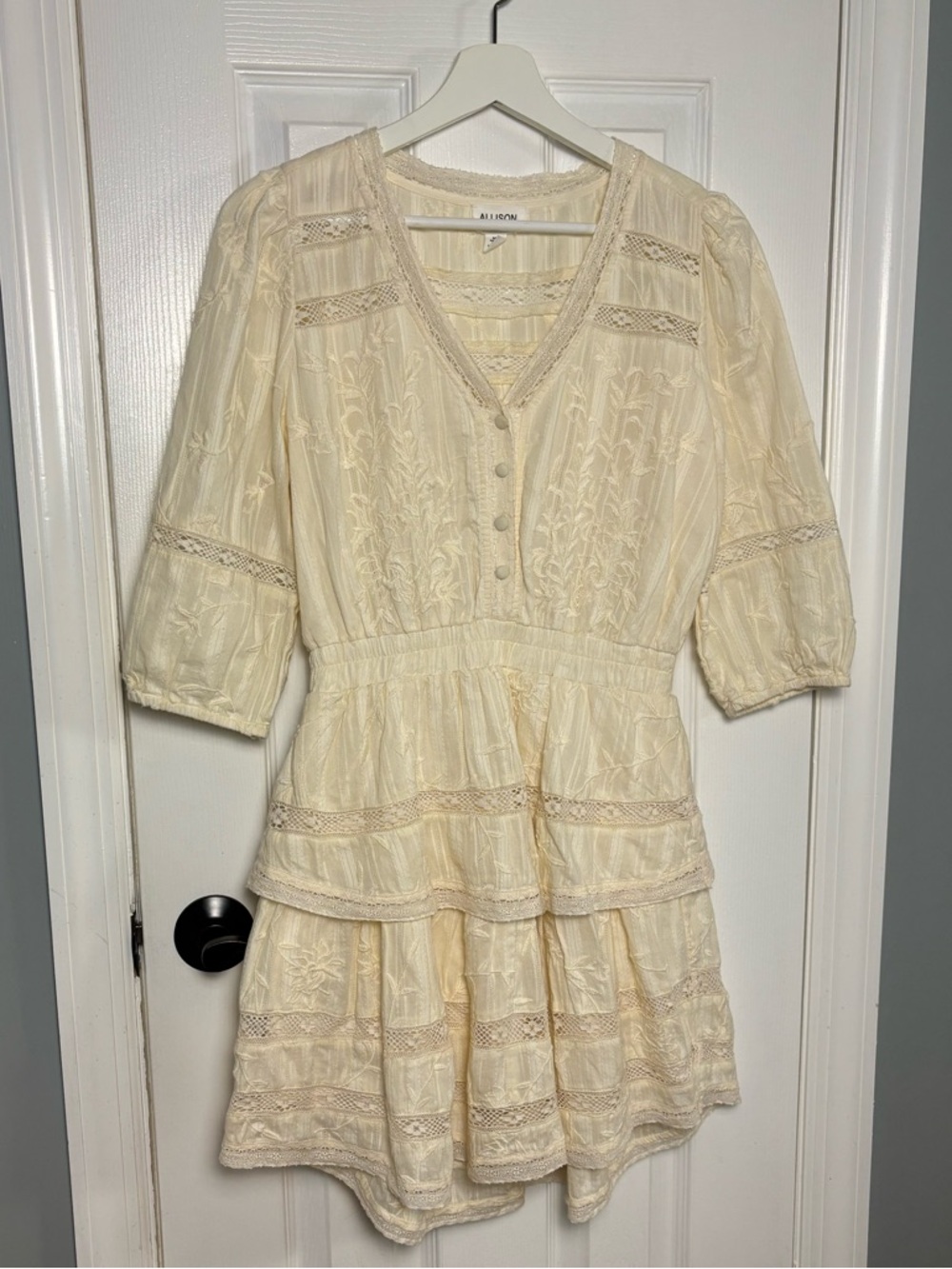 Allison New York Ivory Lace-Panel V-Neck Tiered Dress 100% Cotton Size Medium